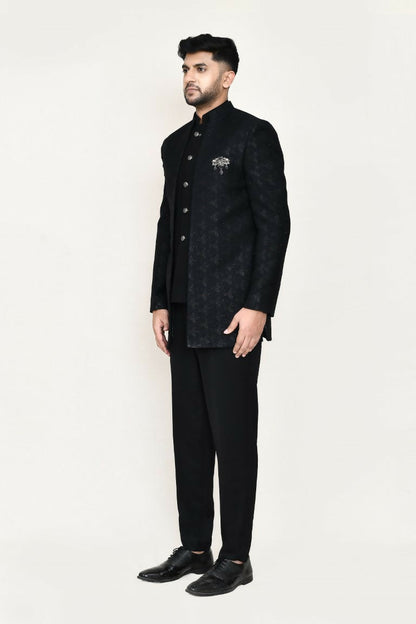 Joban Fashion Black Colored Imported Jacquard Fabric Open Prince Coat, Jacket With Pant