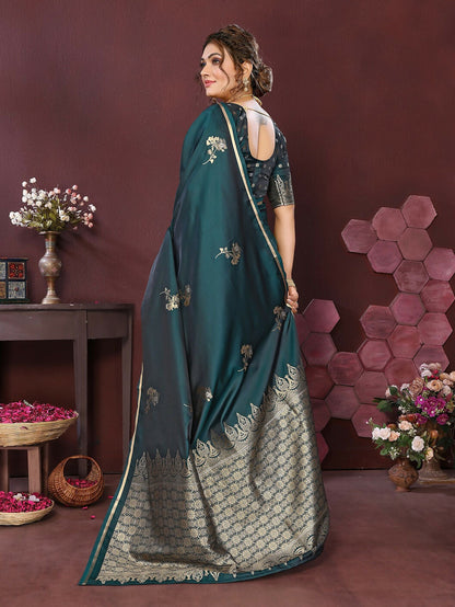 Joban Fashion Teal Floral Banarasi Silk Sarees