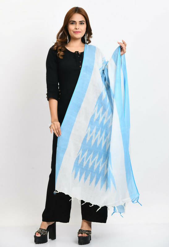 Mominos Fashion Moeza Women's Handloom Cotton Ikkat Sky Blue Dupatta