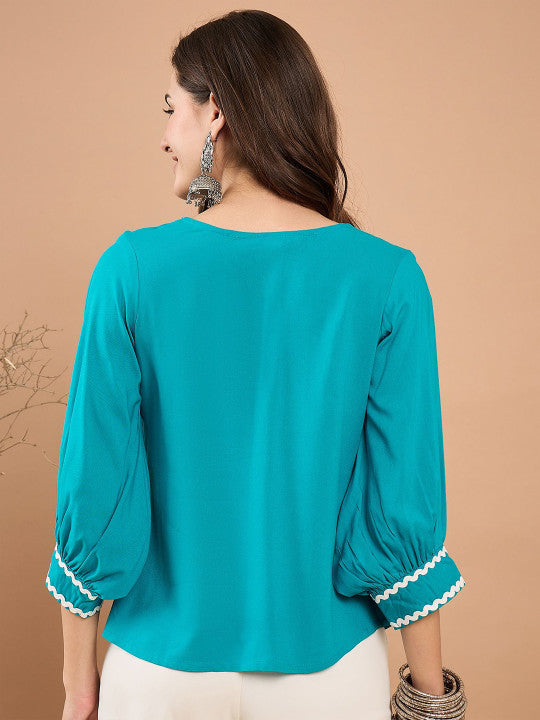Sangria Women Solid V-Neck Puff Sleeve Top