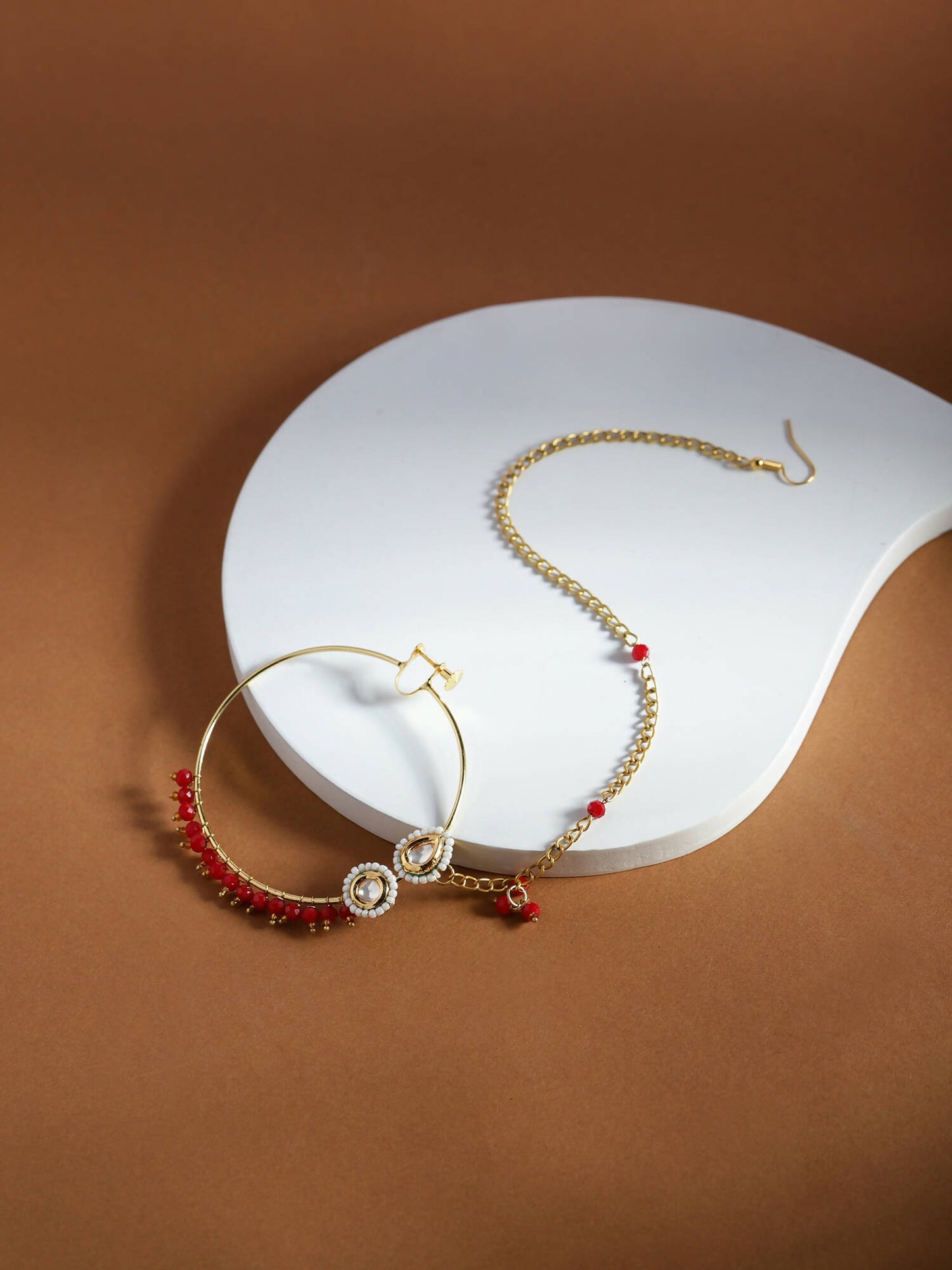 Gold-Polished White Red Kundan-Studded Pearl Beaded Nosepin - Ruby Raang