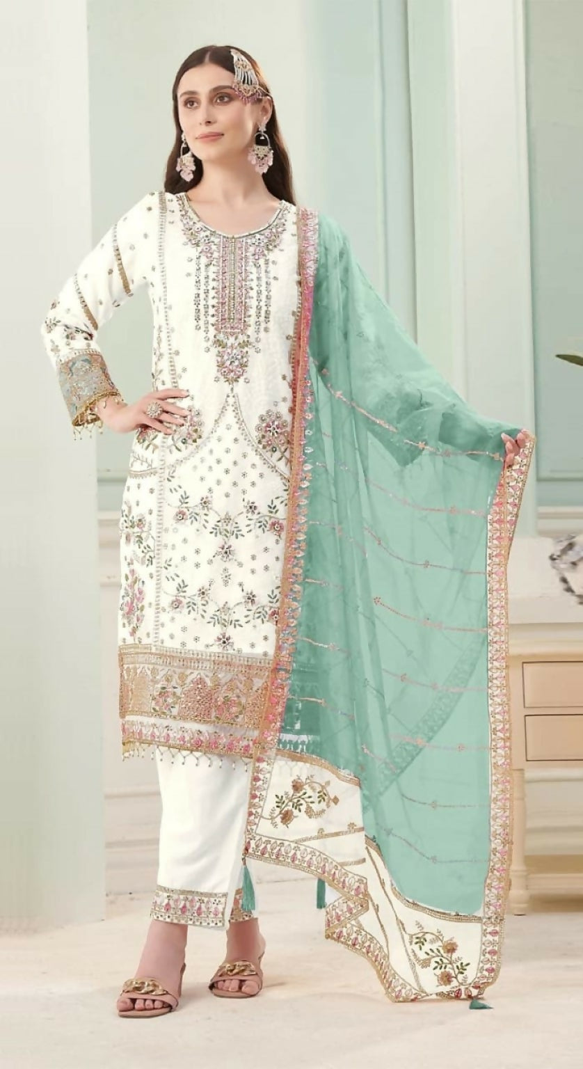 Anaita White Fox Georgette Stitched Suit with Embroidery Sequins