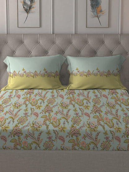 MYTRIDENT Blue White Floral Pure Cotton 144 TC Queen Bedsheet With 2 Pillow Covers