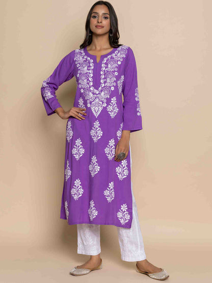 HOUSE OF KARI Floral Chikankari Embroidered Notched Round Neck Straight Kurta
