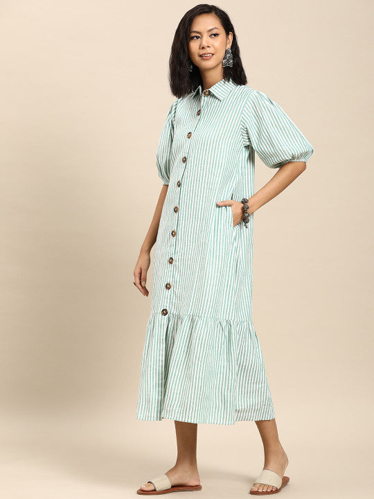 Anayna Striped Puff Sleeve A-Line Cotton Midi Dress