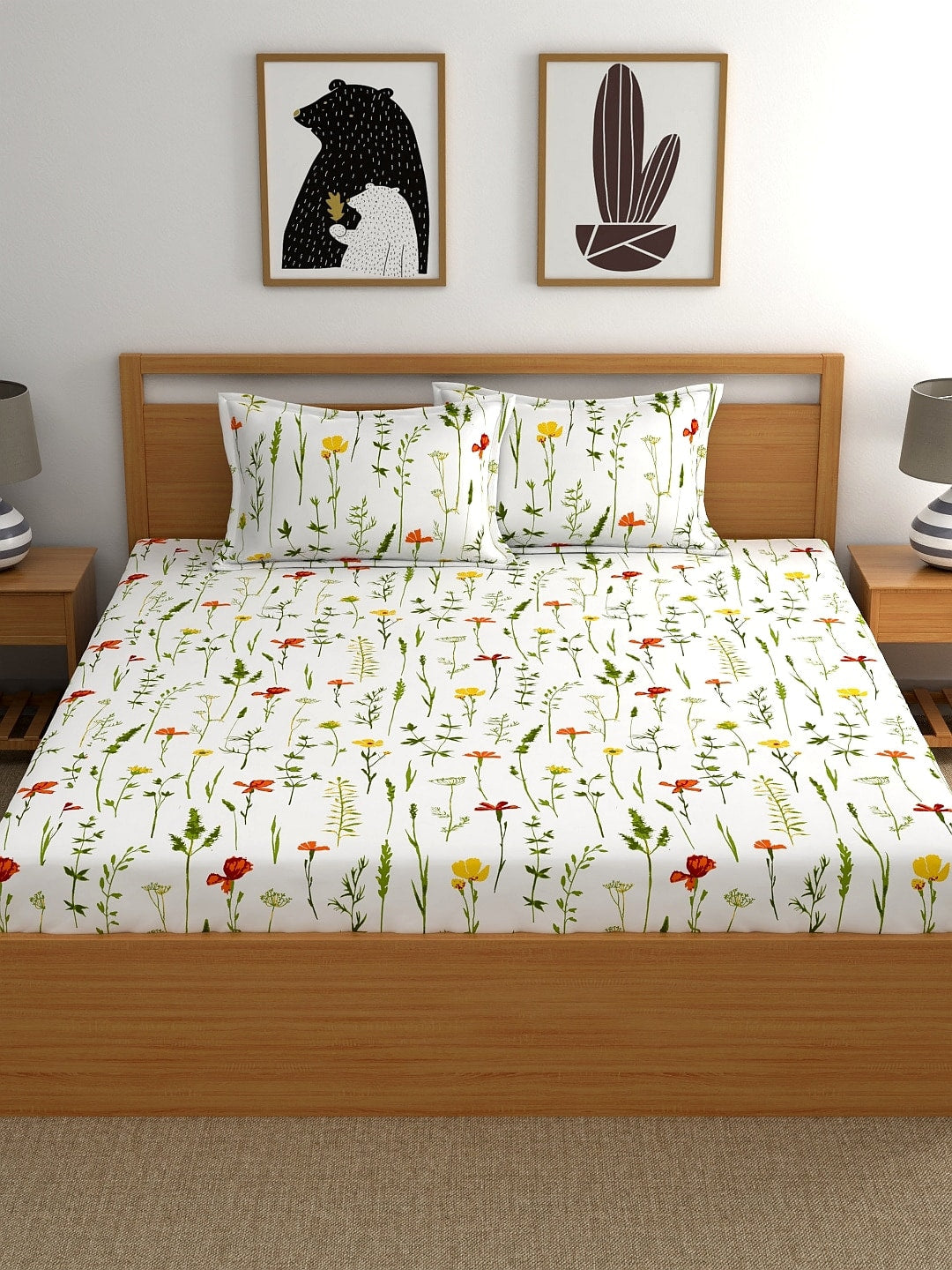 Home Ecstasy White & Green Printed 140 TC Cotton Double Queen Bedsheet With 2 Pillow Covers