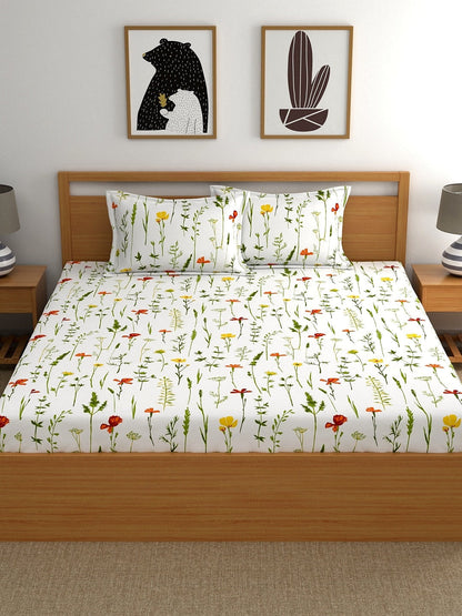 Home Ecstasy White & Green Printed 140 TC Cotton Double Queen Bedsheet With 2 Pillow Covers