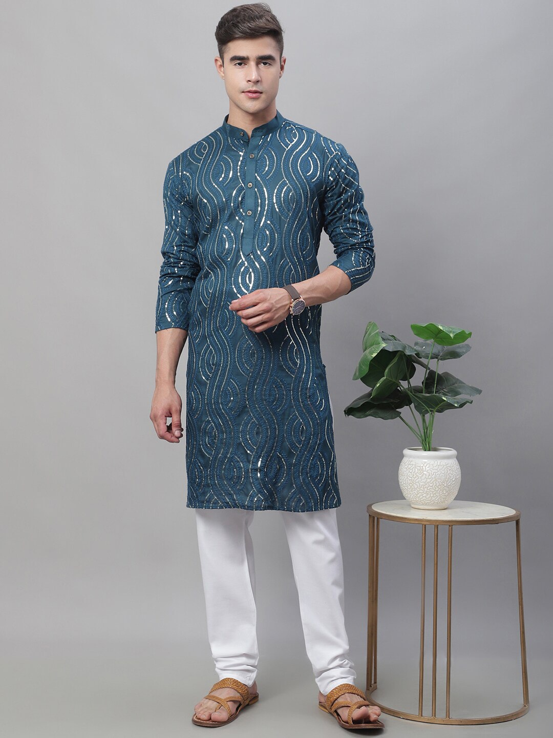 Sojanya Ethnic Motifs Embroidered Sequinned Pure Cotton Kurta with Churidar