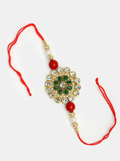 NVR Women & Men Set of 2 Red & Gold Toned Stone-Studded & Beaded Bhaiya Bhabhi Rakhi With Roli Chawal