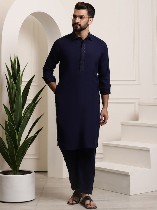 Sojanya Men Navy Blue Solid Pathani Kurta with Salwar