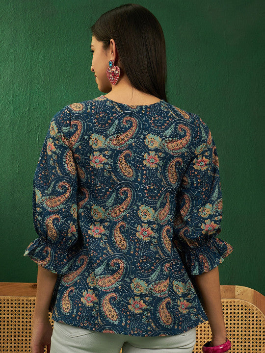 Sangria Paisley Printed Keyhole Neck Puff Sleeves Pleated A-Line Cotton Top