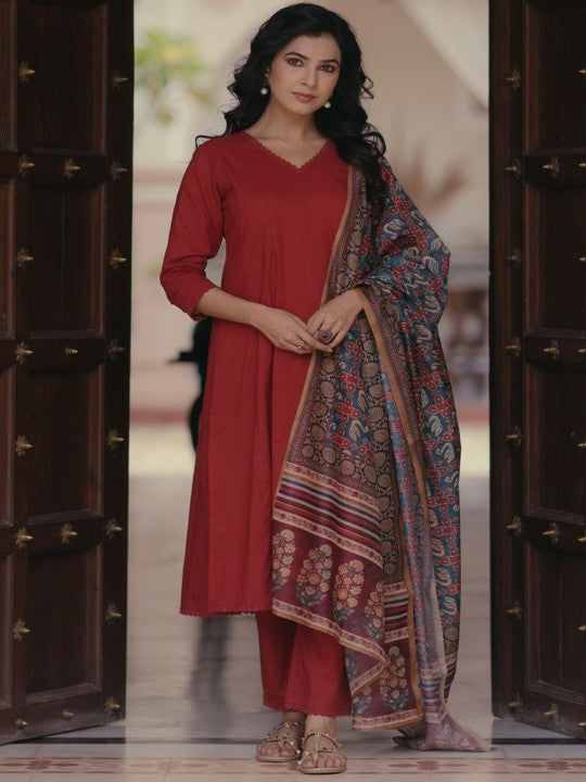 Anayna Women Panelled Pure Cotton Kurta with Trousers & With Dupatta