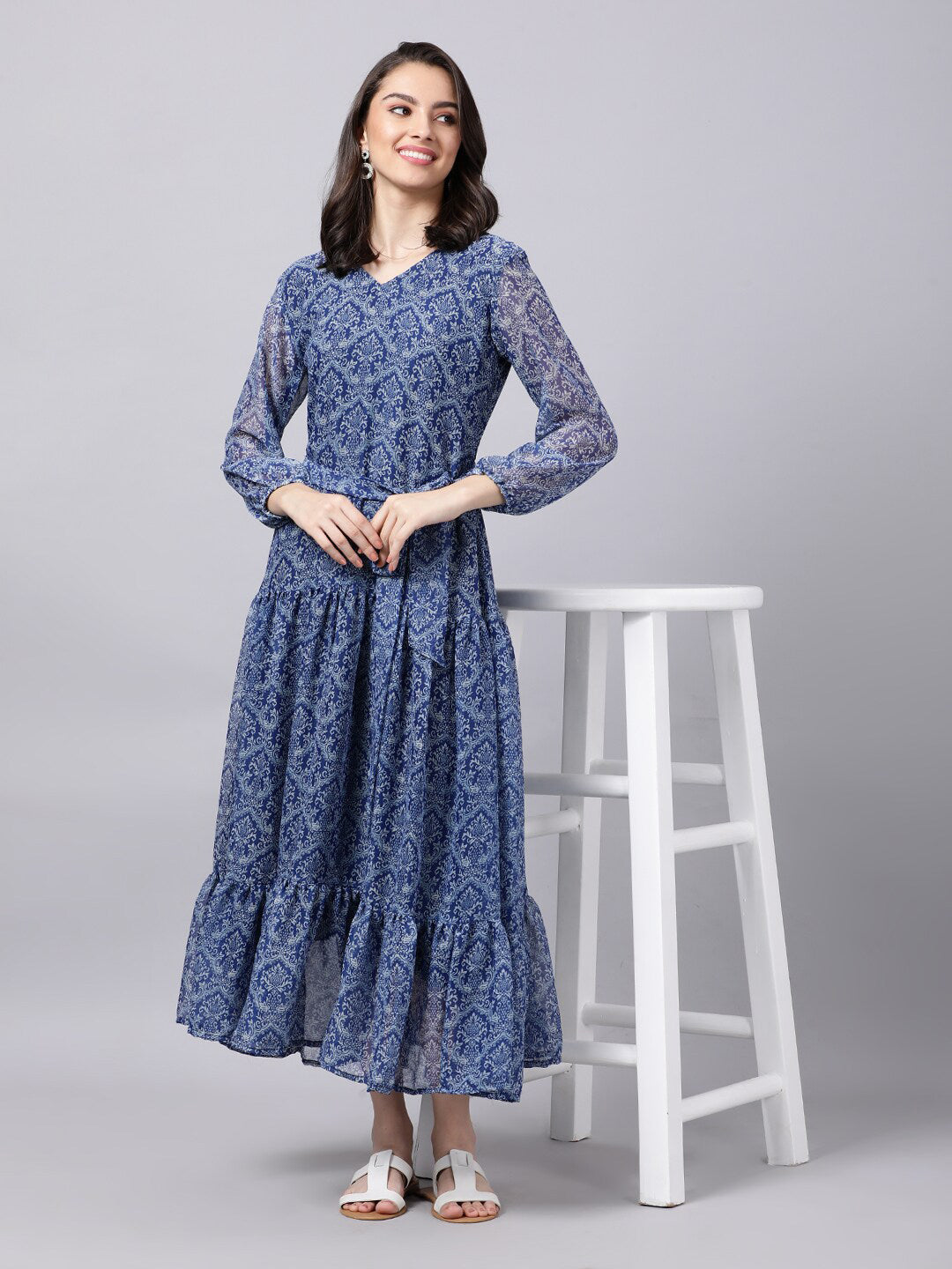 Souchii Blue Ethnic Motifs Printed Chiffon Maxi Tiered Dress