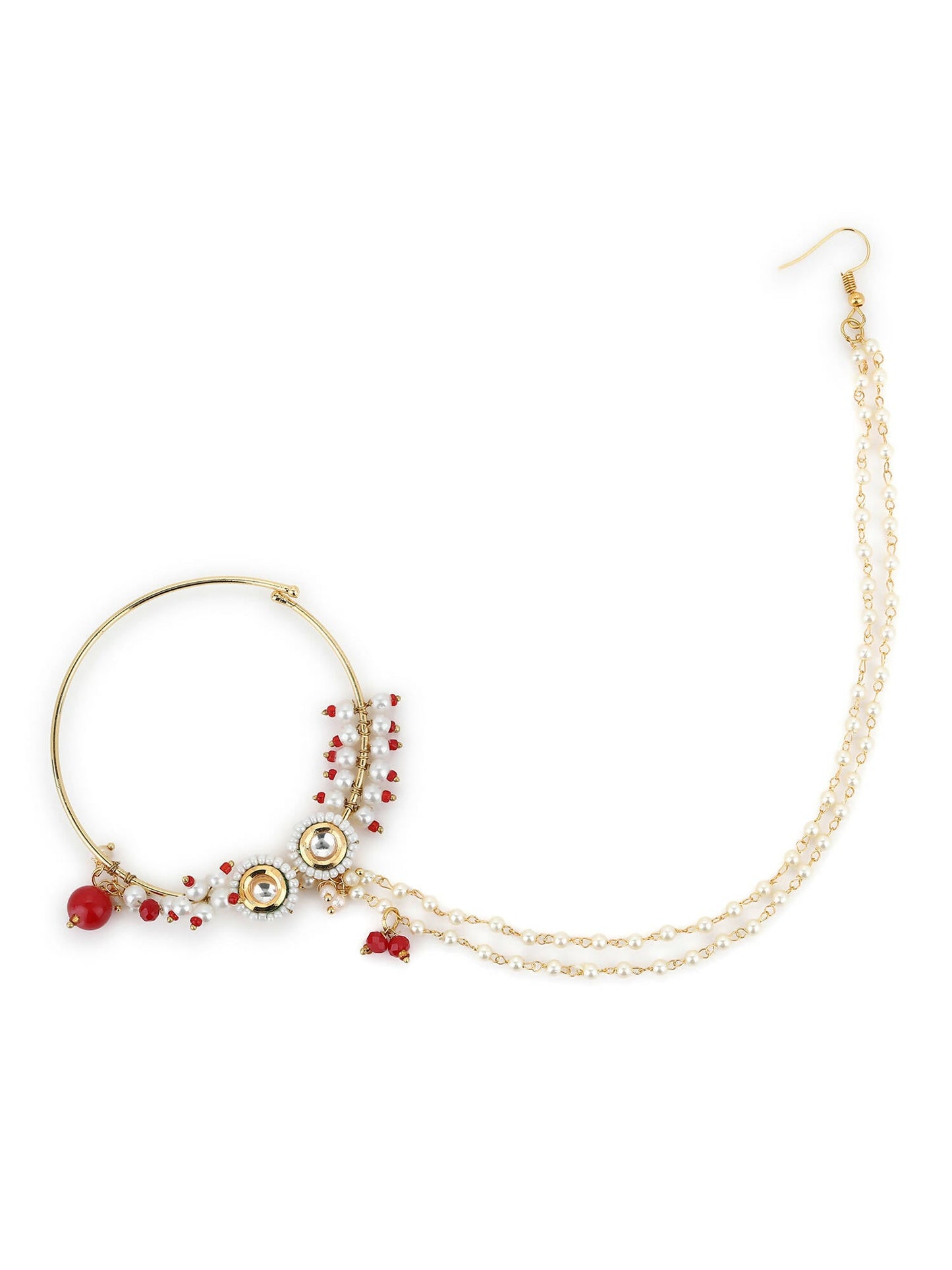 Gold-Polished White Red Kundan Studded Beaded Chained Nose Ring - Ruby Raang