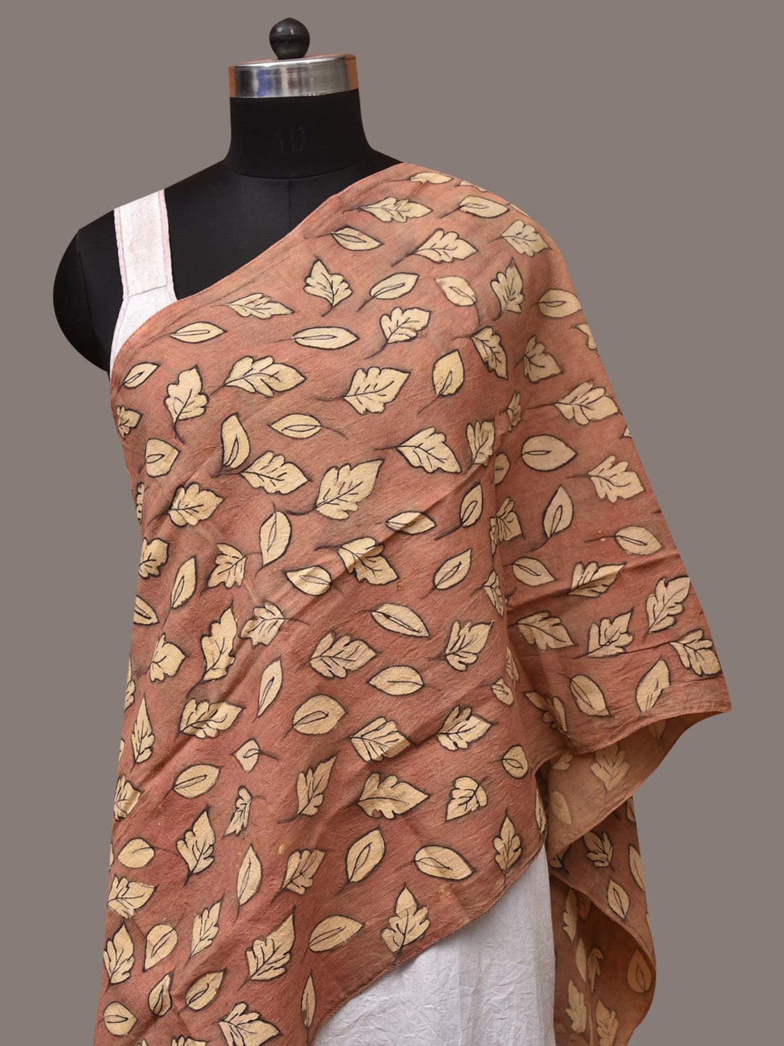 Fawn Kalamkari Hand Painted Sico Stole with Leaves Design - Global Threads