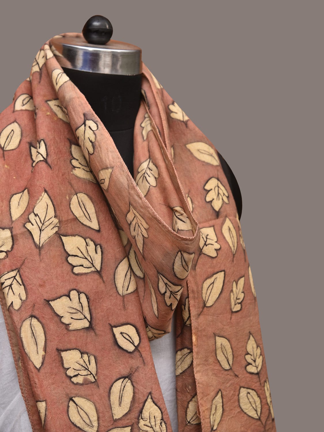 Fawn Kalamkari Hand Painted Sico Stole with Leaves Design - Global Threads