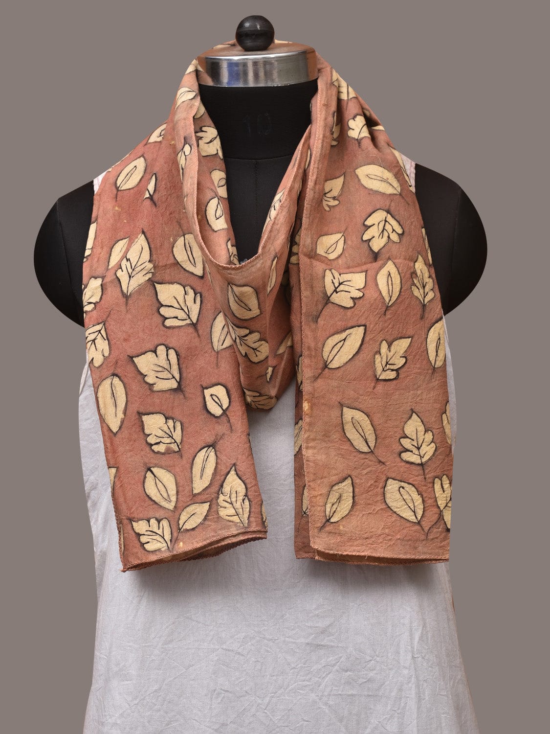 Fawn Kalamkari Hand Painted Sico Stole with Leaves Design - Global Threads