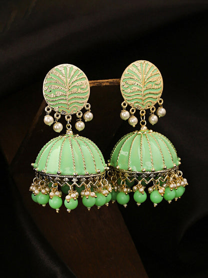 Yellow Chimes Women Green Meenakari Jhumkas Earrings