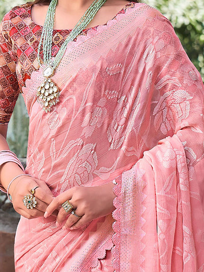 Saree Mall Floral Woven Design Pure Chiffon Beads & Stones Bagru Sarees