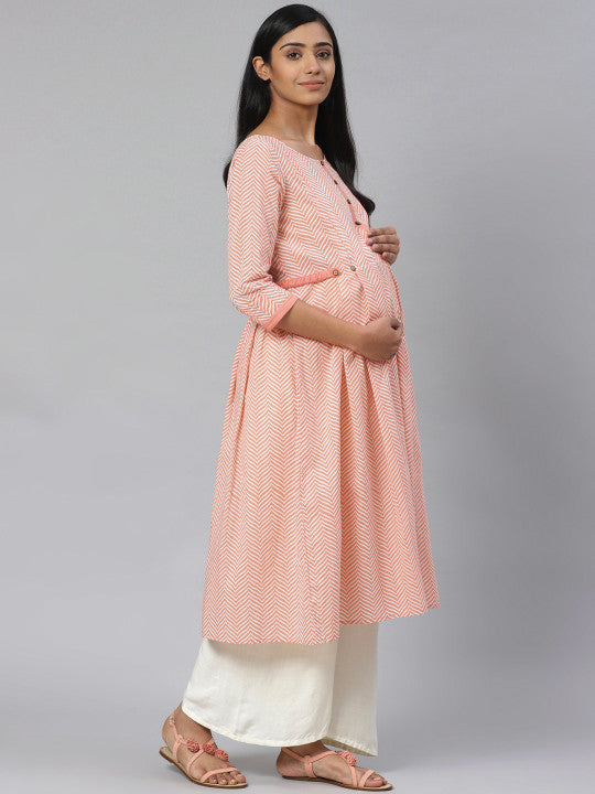 Anayna Women Peach-Coloured & Off-White Printed Pure Cotton Feeding Maternity A-Line Kurta