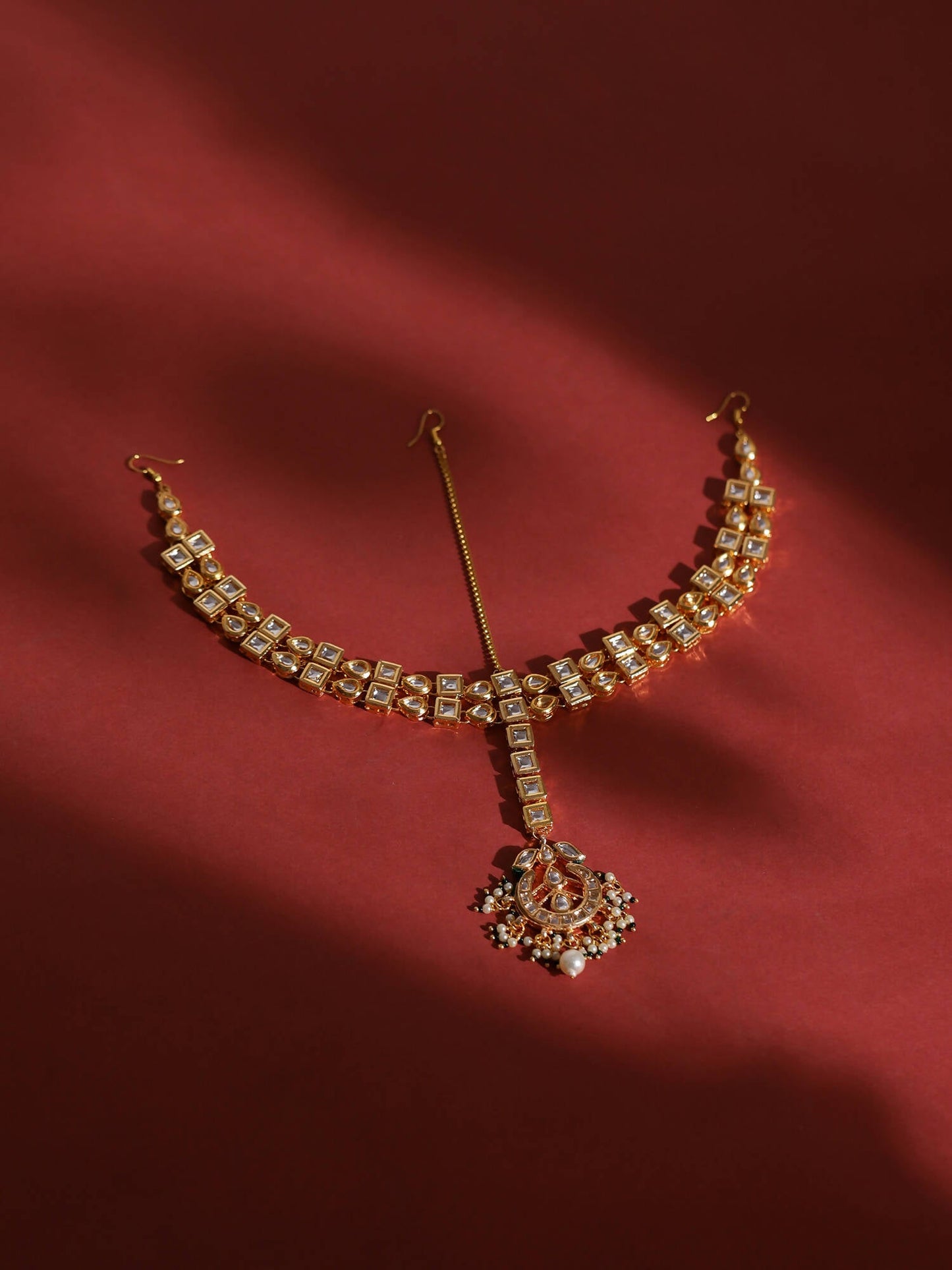 Gold-Polished White Green Kundan-Studded Pearl Beaded Matha Patti - Ruby Raang