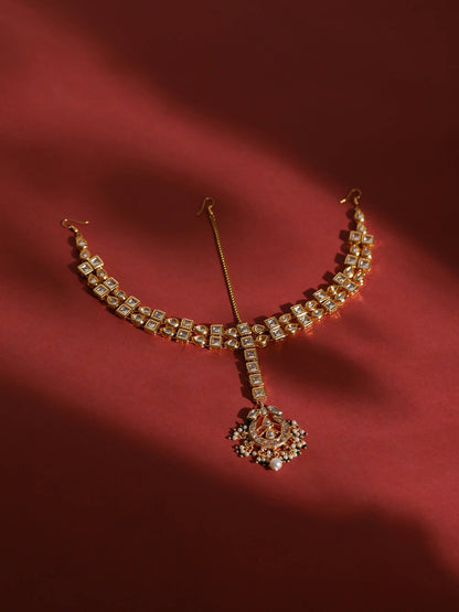 Gold-Polished White Green Kundan-Studded Pearl Beaded Matha Patti - Ruby Raang