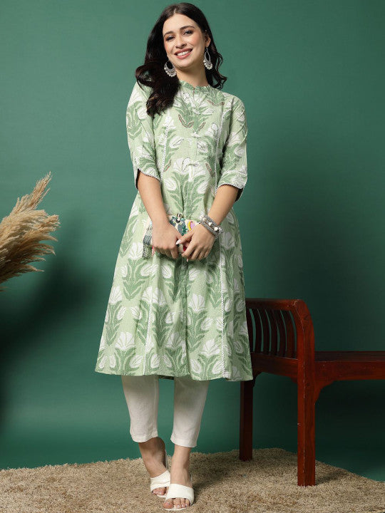 Sangria Floral Printed Pure Cotton Mandarin Collar Thread Work A-Line Kurta