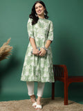 Sangria Floral Printed Pure Cotton Mandarin Collar Thread Work A-Line Kurta