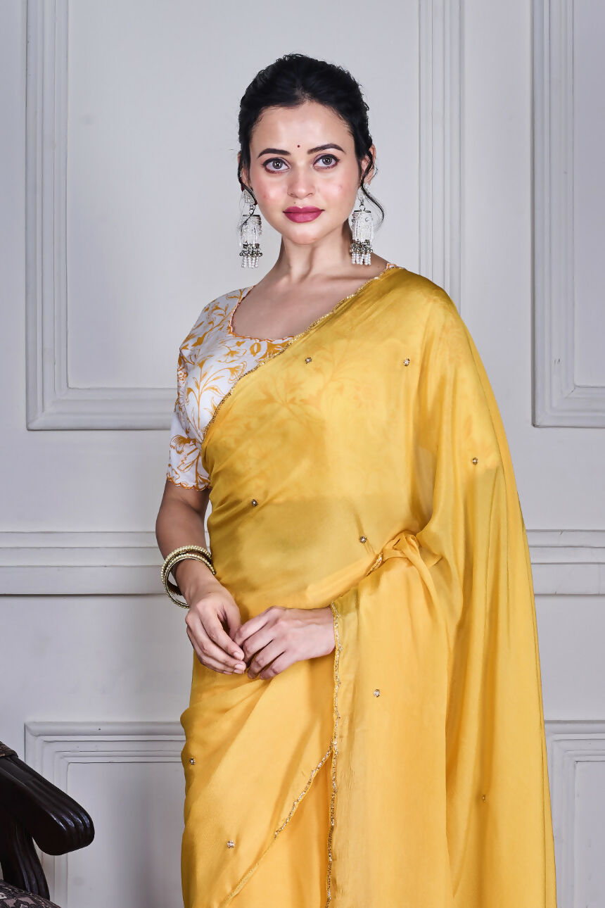 Morchari Yellow Chiffon Hand Embroidery Saree And Stitched Blouse