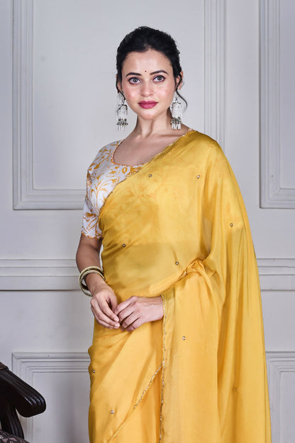 Morchari Yellow Chiffon Hand Embroidery Saree And Stitched Blouse