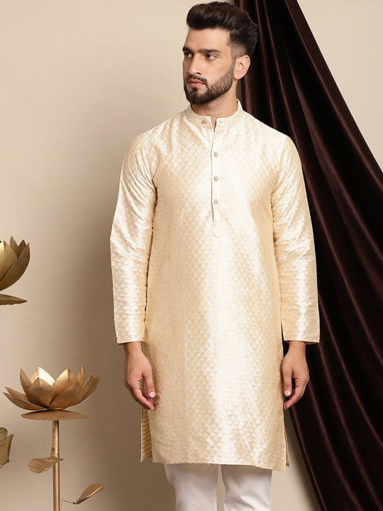Anouk Ethnic Motifs Woven Design Band Collar Silk Cotton Regular Kurta