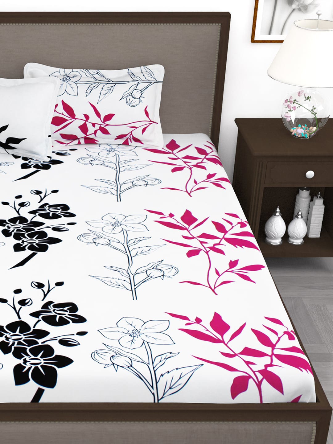 Story@home White & Pink Floral King Bedsheet with 2 Pillow Covers