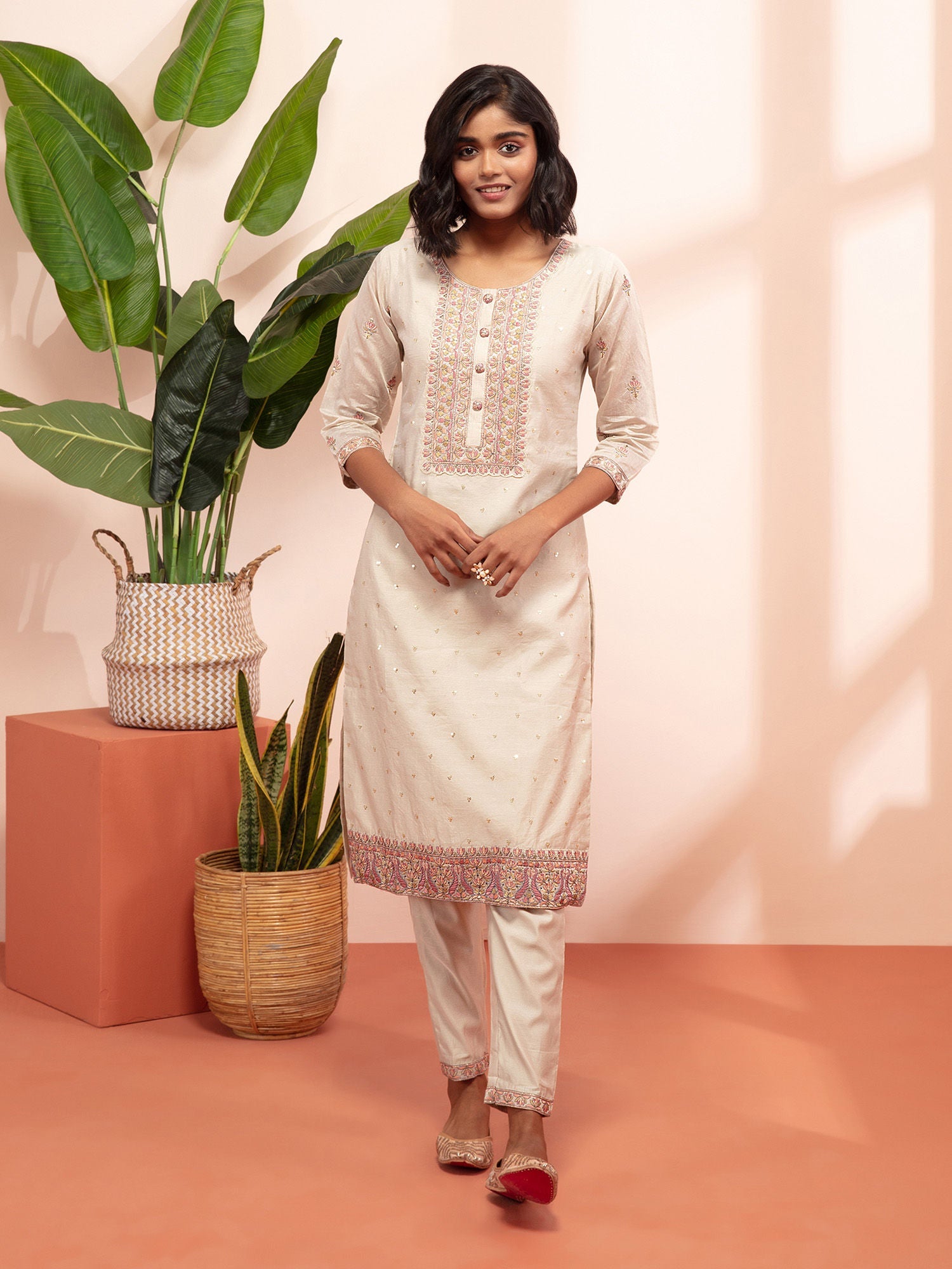 Likha Shaan e-Avadh Beige Sequins work Kurta, Pant & Dupatta LIKSKD119 (Set of 3) - L