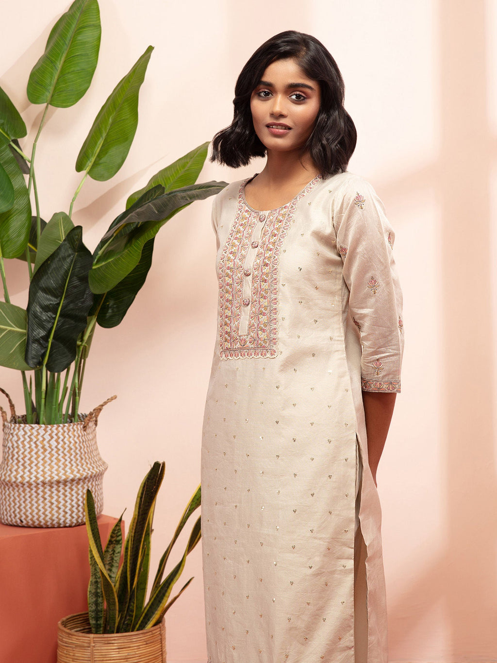 Likha Shaan e-Avadh Beige Sequins work Kurta, Pant & Dupatta LIKSKD119 (Set of 3) - L