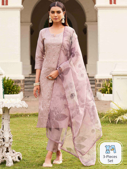 Tikhi Imli Floral Embroidered Pure Cotton Kurta With Trousers & Dupatta