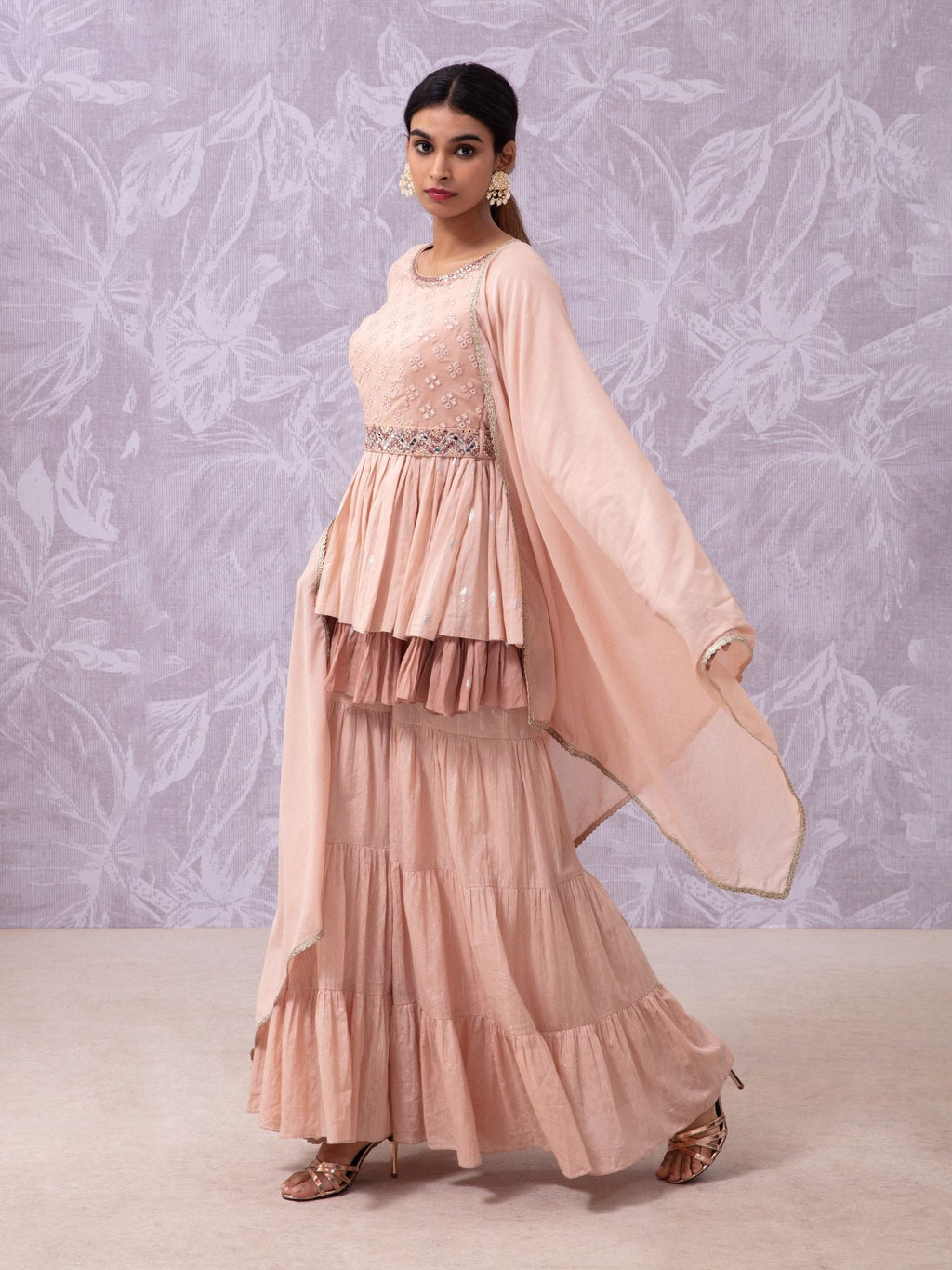 Likha Filigree Peach Mirror Work Kurta, Sharara, Dupatta & Belt S LIKSKD116 (Set of 4)