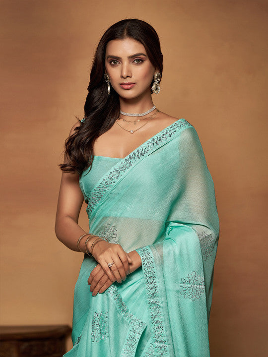 Sangria Embellished Beads and Stones Pure Chiffon Saree