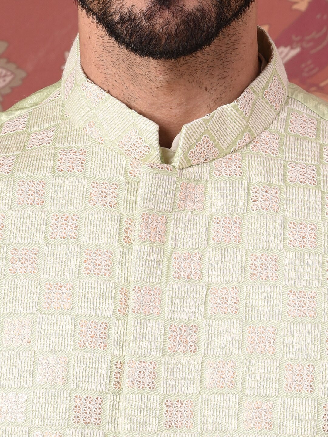 House of Pataudi Straight Kurta With Churidar & Embroidered Nehru Jacket