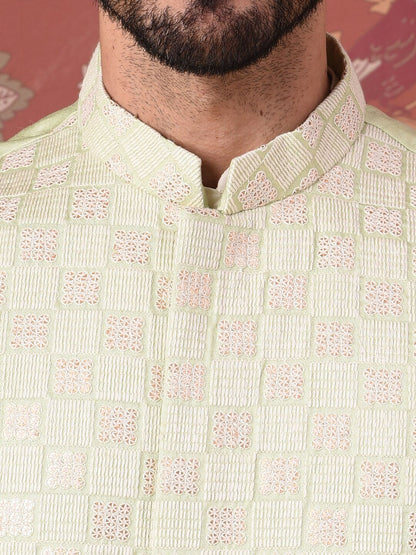 House of Pataudi Straight Kurta With Churidar & Embroidered Nehru Jacket
