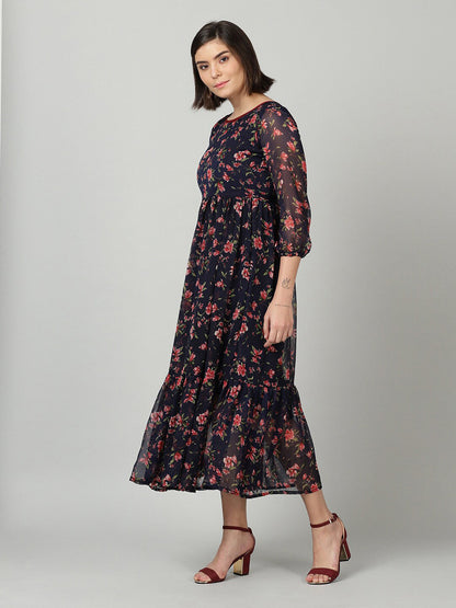 Souchii Women Navy Blue & Red Floral Chiffon A-Line Tiered Dress