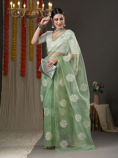 Saree Mall Olive Green & White Paisley Embroidered Organza Banarasi Sarees