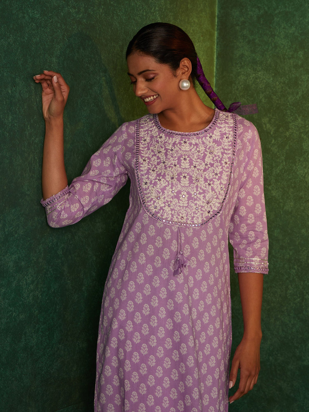 Likha Pink Kantha Mirror Work Straight Co-ord Set LIKSKD183 (Set of 2) - S