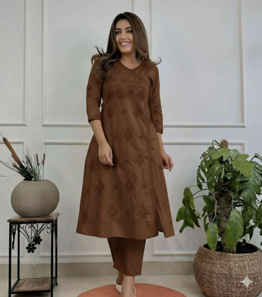Miravan Womens Brown Floral Printed Angrakha Style Kurta With Palazzo