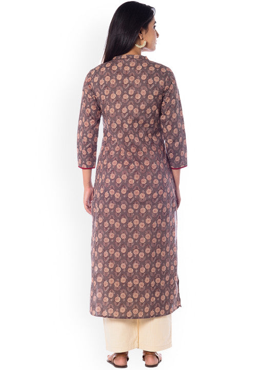 Anayna Women Taupe & Red Printed Straight Kurta