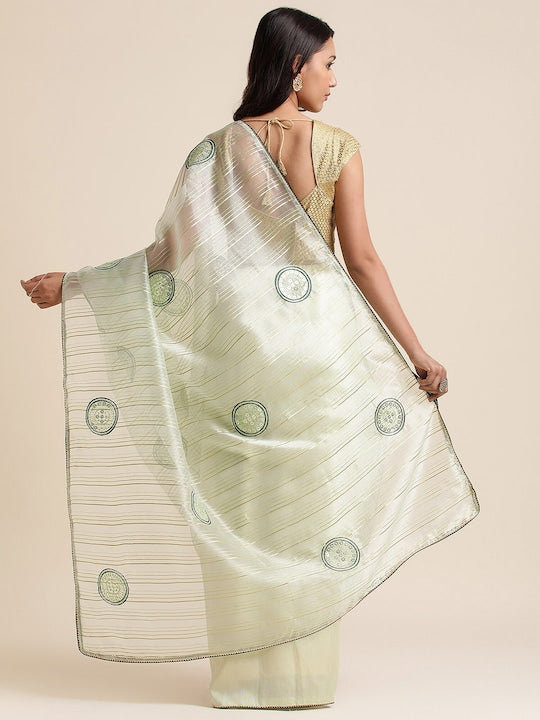 Fabmora Striped Woven Design Embroidered Organza Saree