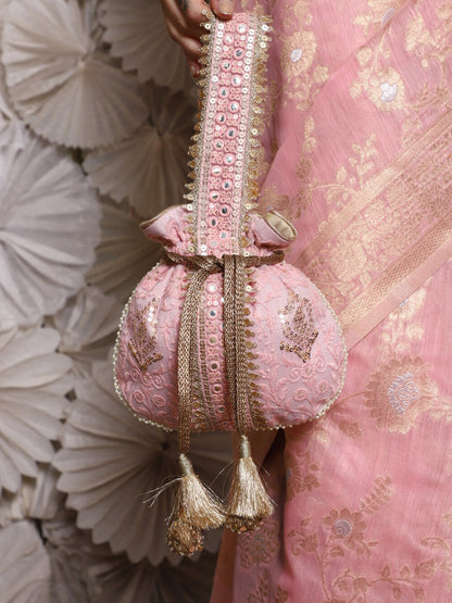 Masq Pink and Gold-Toned Embroidered Potli Clutch