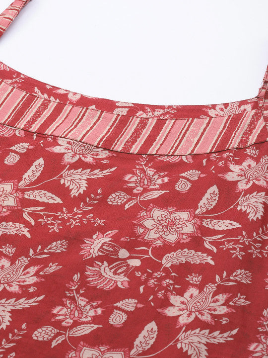 Anayna Women Red & Off-White Ethnic Motifs Printed Pure Cotton Kurta with Trousers