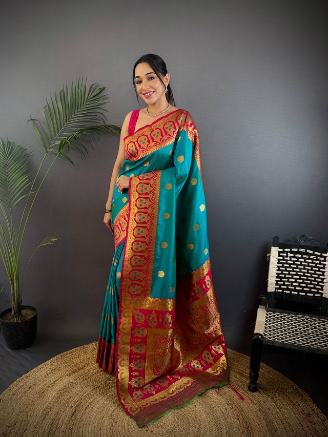 Elora Teal Soft Silk Butti Zari Weaving Constrast Pallu Banarasi Saree