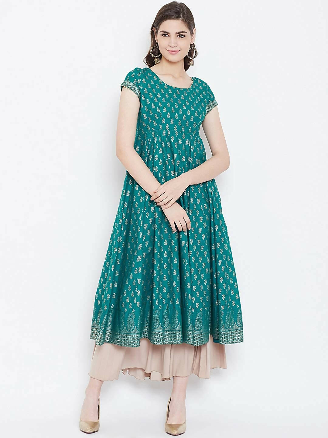 Cheera Embellished Daily Wear Cotton Blend Kurta - Turquoise Green