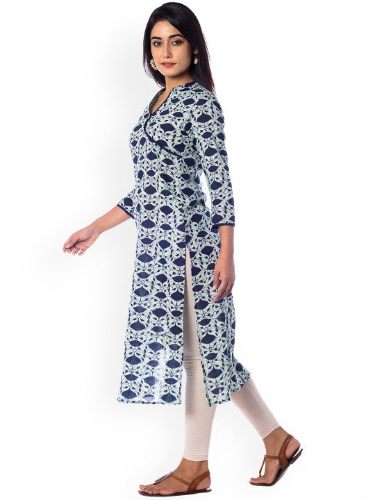 Anayna Women Navy Blue & Off-White Printed Straight Kurta